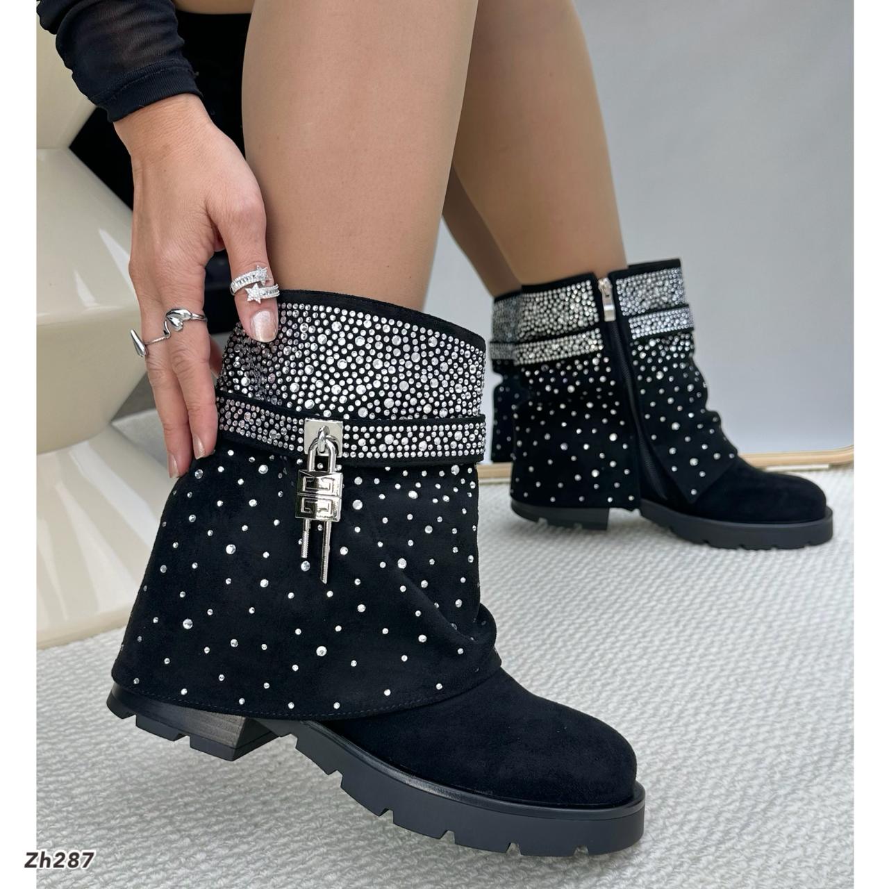 Botin negro doblez apliques plateado brillantes tacon 4cm HX3202-B9663